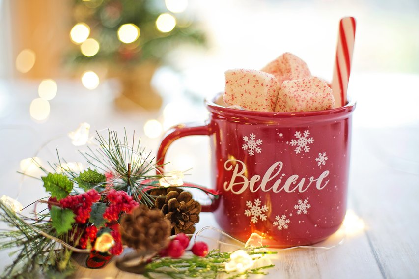 I Believe Christmas Cup With Red Candy Cane And Christmas Decorations